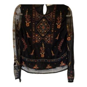 ZARA Black Sheer Women's Top with colorful embroidery and beading, S